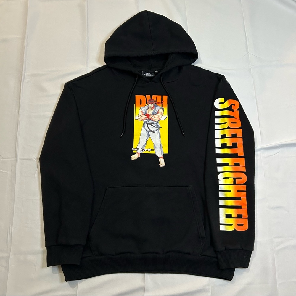 Street Fighter Ryu Capcom Hoodie Black Graphic Pullover Sweatshirt Mens Size XL